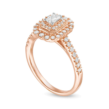 0,63 ct. Gesamtgewicht Verlobungsring im Vintage-Stil mit Diamant im Smaragdschliff und doppeltem achteckigen Rahmen in 10K Roségold