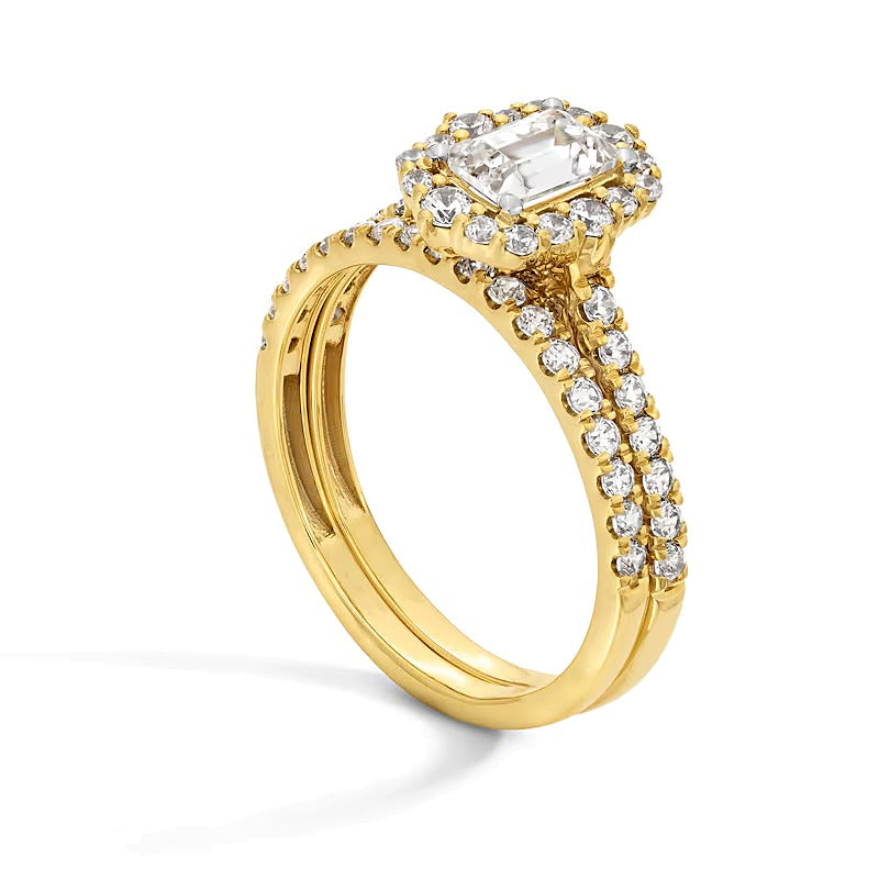 Braut-Set mit Diamanten im Smaragdschliff 1.5 ct. Gesamtgewicht und Kissenschliff-Halo in 14K Gelbgold
