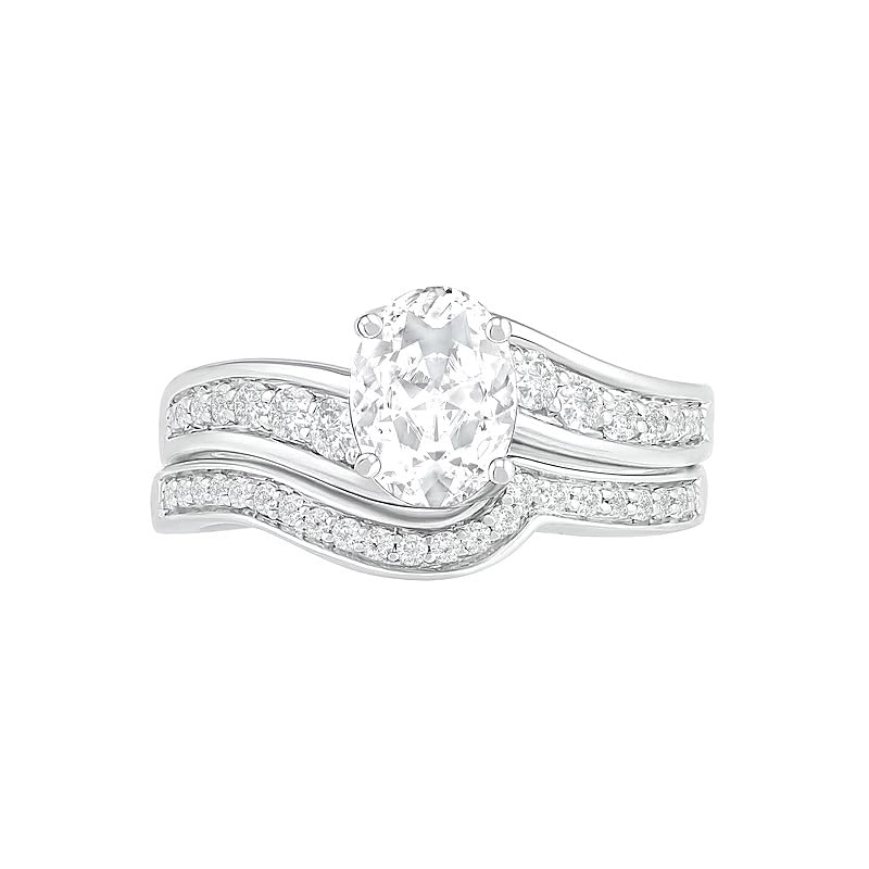 Braut-Set mit ovalem weißem Labor-Saphir in rhodiniertem Sterlingsilber
