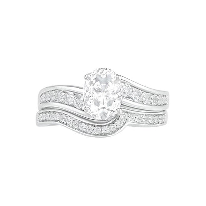 Braut-Set mit ovalem weißem Labor-Saphir in rhodiniertem Sterlingsilber