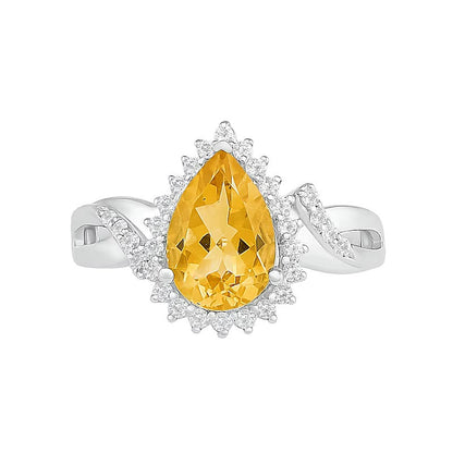 Halo-Ring mit tropfenförmigem Citrin und weißem Labor-Saphir in rhodiniertem Sterlingsilber für Damen