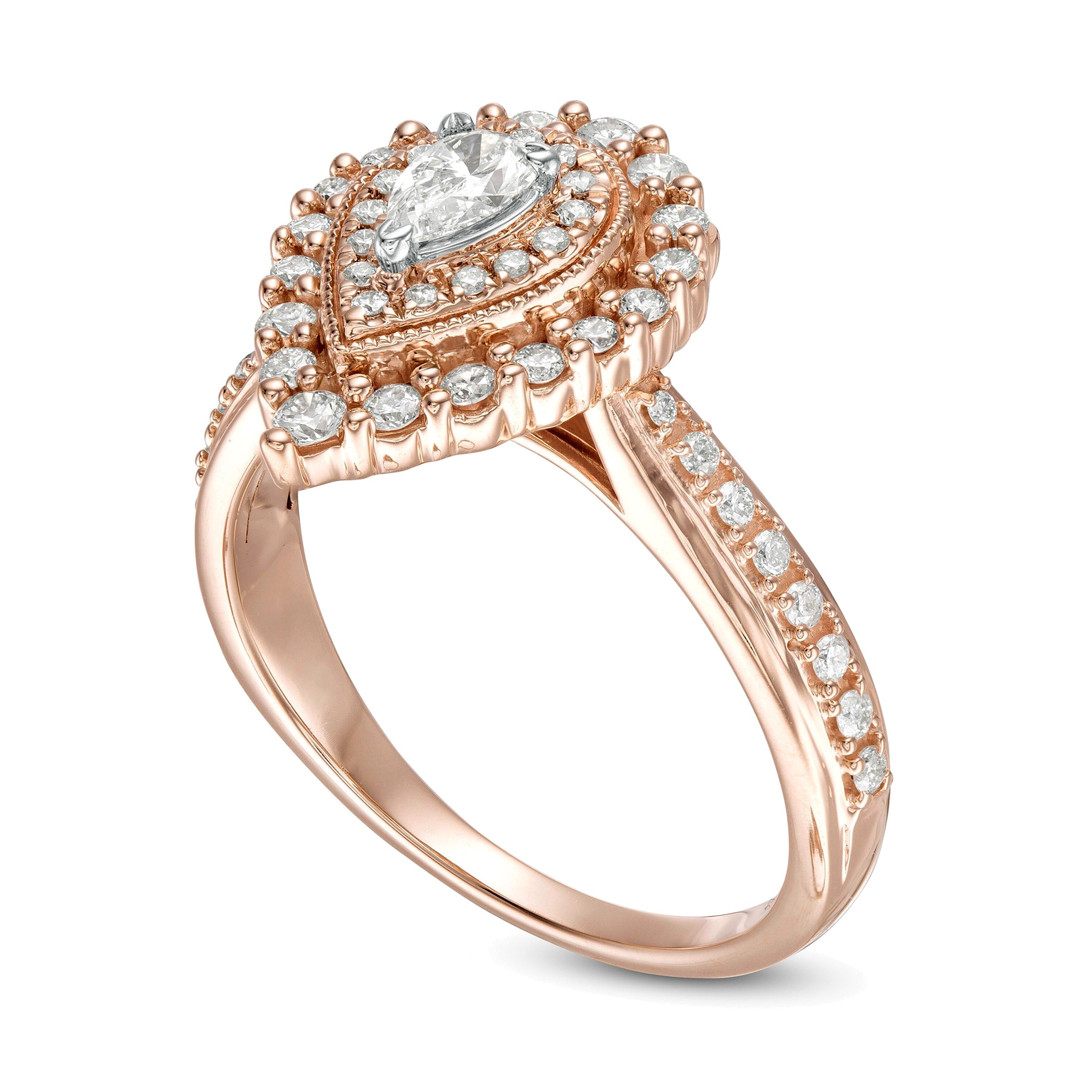 0,63 ct. Gesamtgewicht tropfenförmiger Diamant Halo-Verlobungsring im Vintage-Stil mit doppeltem Rahmen in 10K Roségold