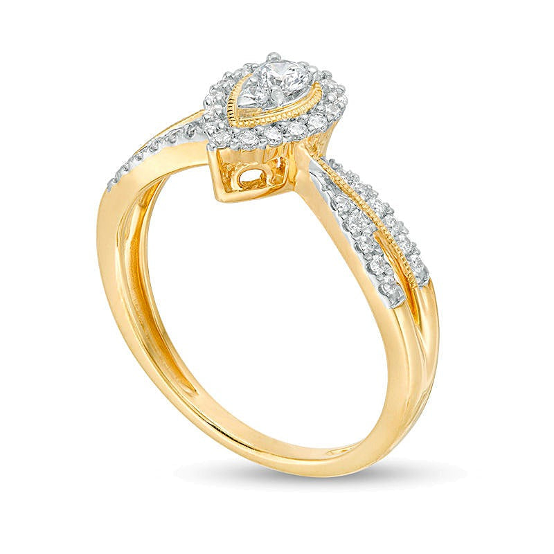0,33 ct. Gesamtgewicht Diamant-Verlobungsring tropfenförmiger Halo im Vintage-Stil in 14K Gelbgold