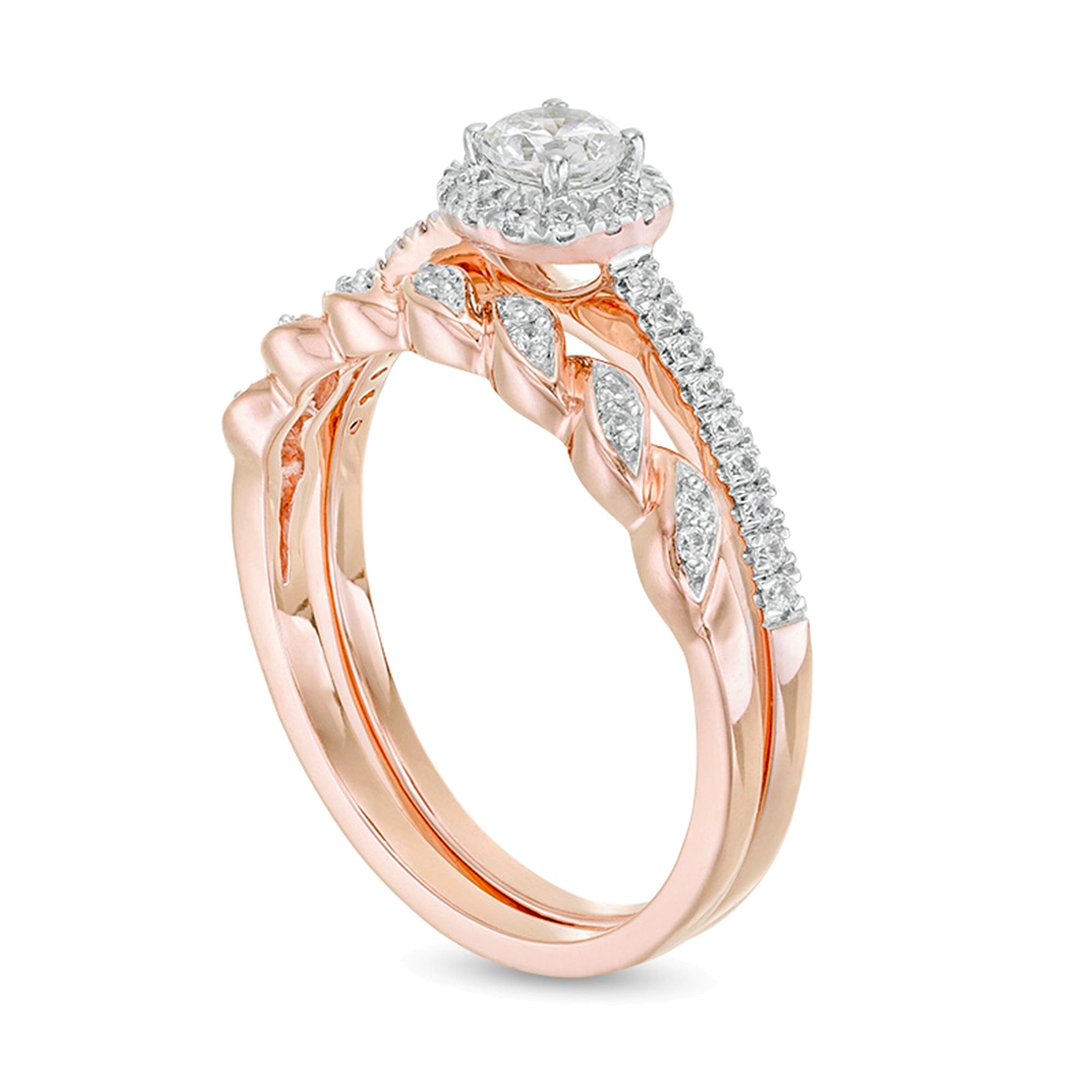 0,5 ct. Gesamtgewicht Diamant Brautset mit gedrehter Ringschiene und Diamant-Rahmen in 10K Roségold