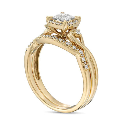 0.33 ct. Gesamtgewicht Diamant Brautset mit kissenförmigem Halo und gedrehter Ringschiene in 10K Gelbgold