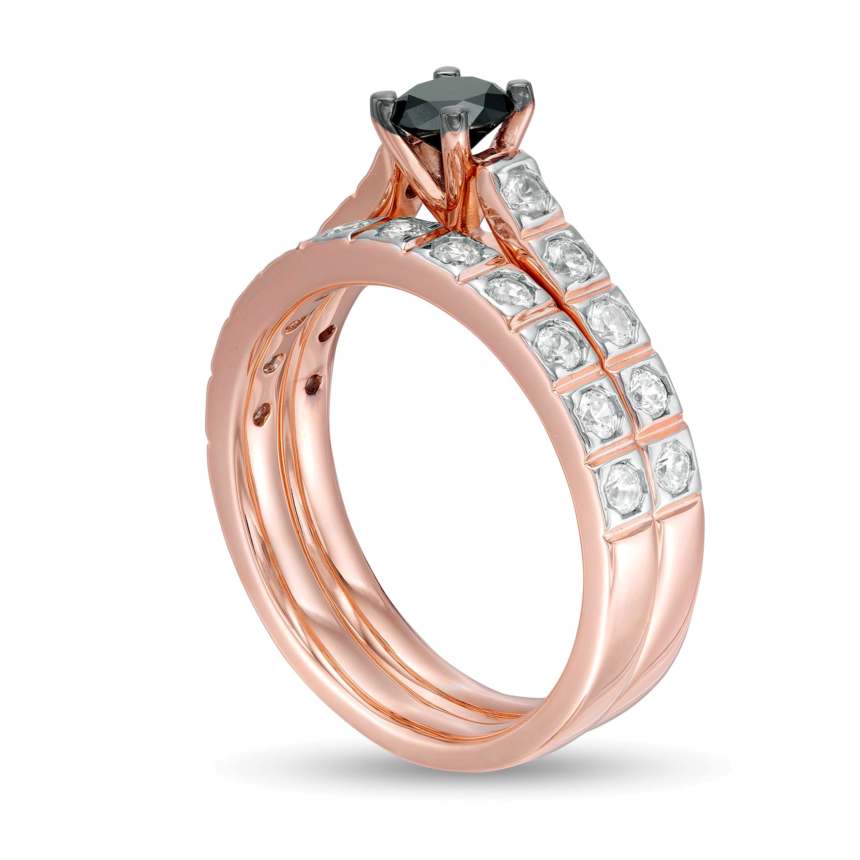 1.0 ct. Gesamtgewicht behandelter schwarzer und weißer Diamant Brautset in 10K Roségold