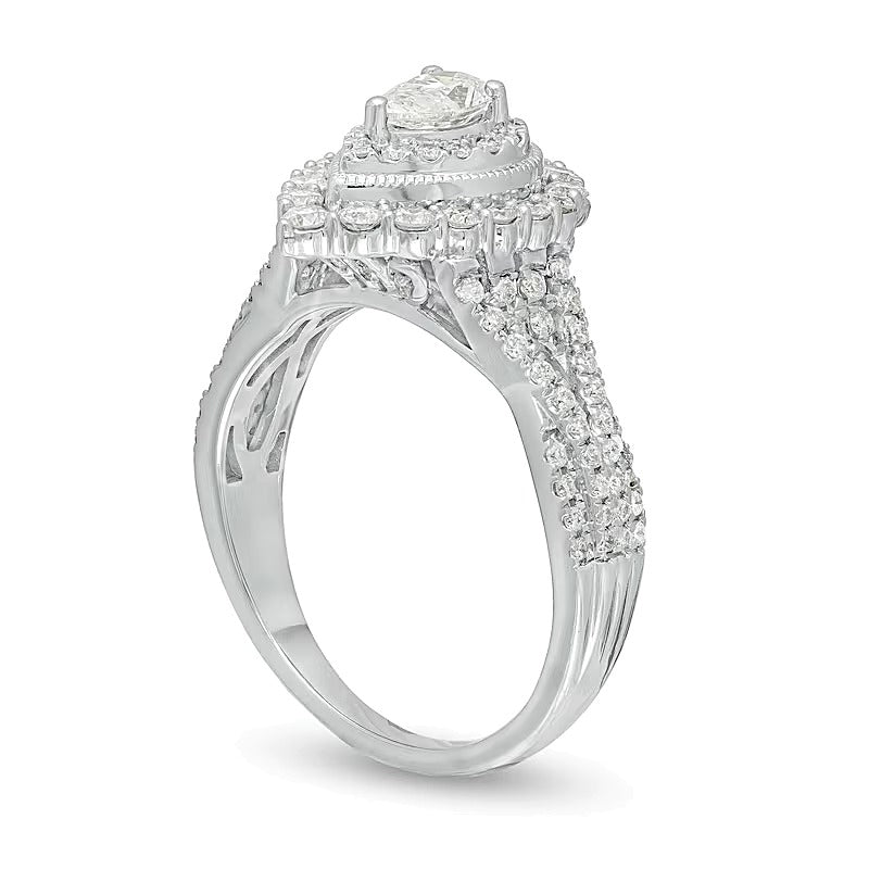 1.0 ct. Gesamtgewicht tropfenförmiger Diamant Halo-Verlobungsring mit doppeltem Rahmen und geteiltem Ringschienen-Design im Vintage-Stil in 14K Weißgold