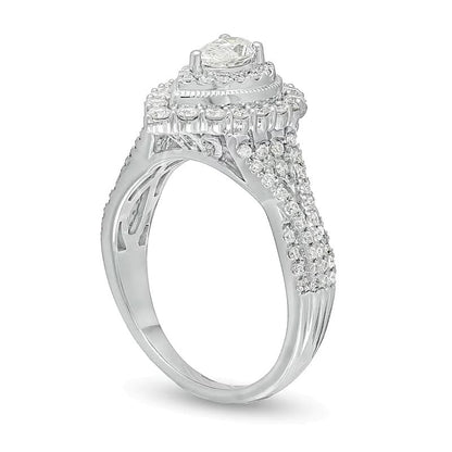 1.0 ct. Gesamtgewicht tropfenförmiger Diamant Halo-Verlobungsring mit doppeltem Rahmen und geteiltem Ringschienen-Design im Vintage-Stil in 14K Weißgold