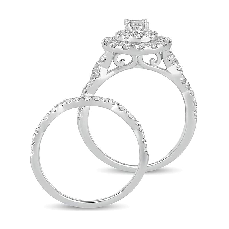 1.5 CT. Gesamtgewicht Braut-Set mit ovalem Diamant, doppeltem Halo und mehrreihigem Design in 10K Weißgold