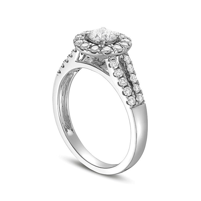 1.0 CT. TW Verlobungsring mit Diamant-Halo, doppelreihig und geteilter Schiene in 14K Weißgold (I/I2)