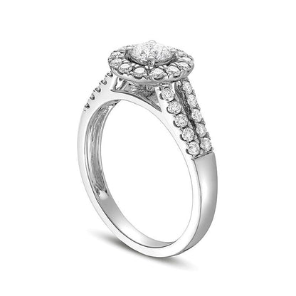 1.0 CT. TW Verlobungsring mit Diamant-Halo, doppelreihig und geteilter Schiene in 14K Weißgold (I/I2)