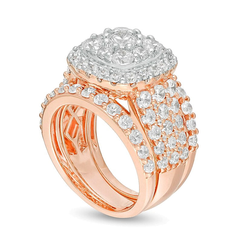 3.75 CT. TW Diamant Braut-Set dreiteilig mehrreihig mit doppeltem Kissenschliff-Rahmen in 10K Roségold