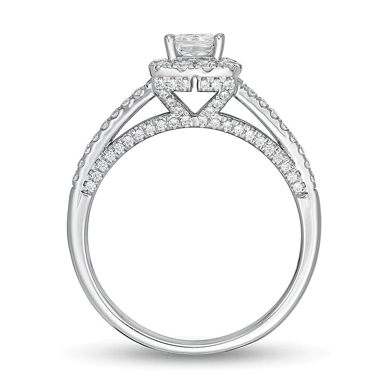 Halo-Verlobungsring mit weißen Diamanten in Princess- und Rundschliff aus 14K Weißgold