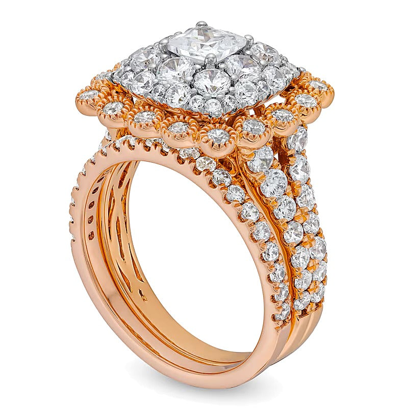 2.75 ct. Gesamtgewicht Braut-Set mit Diamanten in rund und Kissenschliff in 10K Roségold
