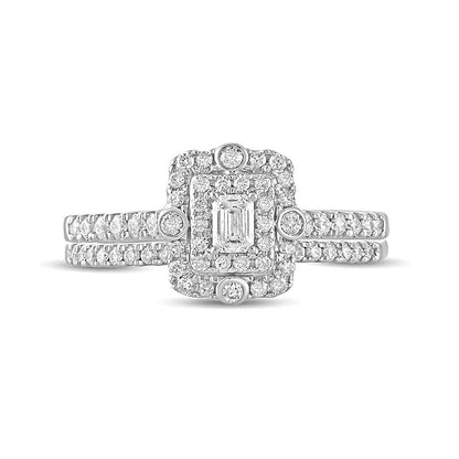 Braut-Set mit Diamanten im Smaragdschliff und doppeltem Rahmen 0,63 ct. Gesamtgewicht in 10K Weißgold
