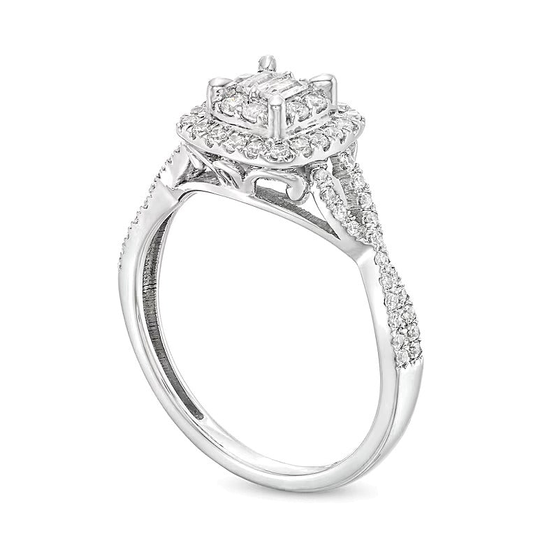 0,5 ct. Gesamtgewicht Ring mit mehreren Diamanten in Baguette-, rund- und Kissenschliff, gedreht mit geteiltem Ringkopf, aus 10K Weißgold