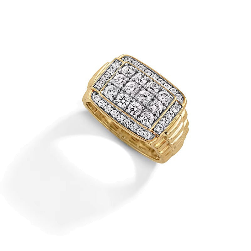 1.5 ct. Gesamtgewicht Fashion-Ring mit Diamanten im Baguette- und Rundschliff und geripptem Ringkopf in 10K Bicolor-Gold