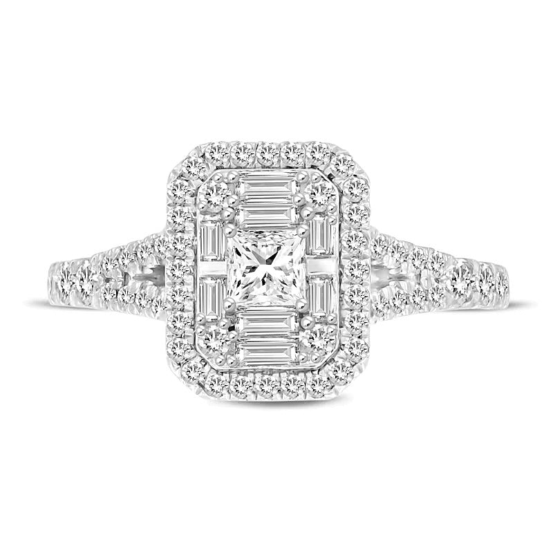Verlobungsring mit Diamant-Halo im Smaragdschliff und geteilter Schiene, 0.75 ct. Gesamtgewicht, 10K Weißgold