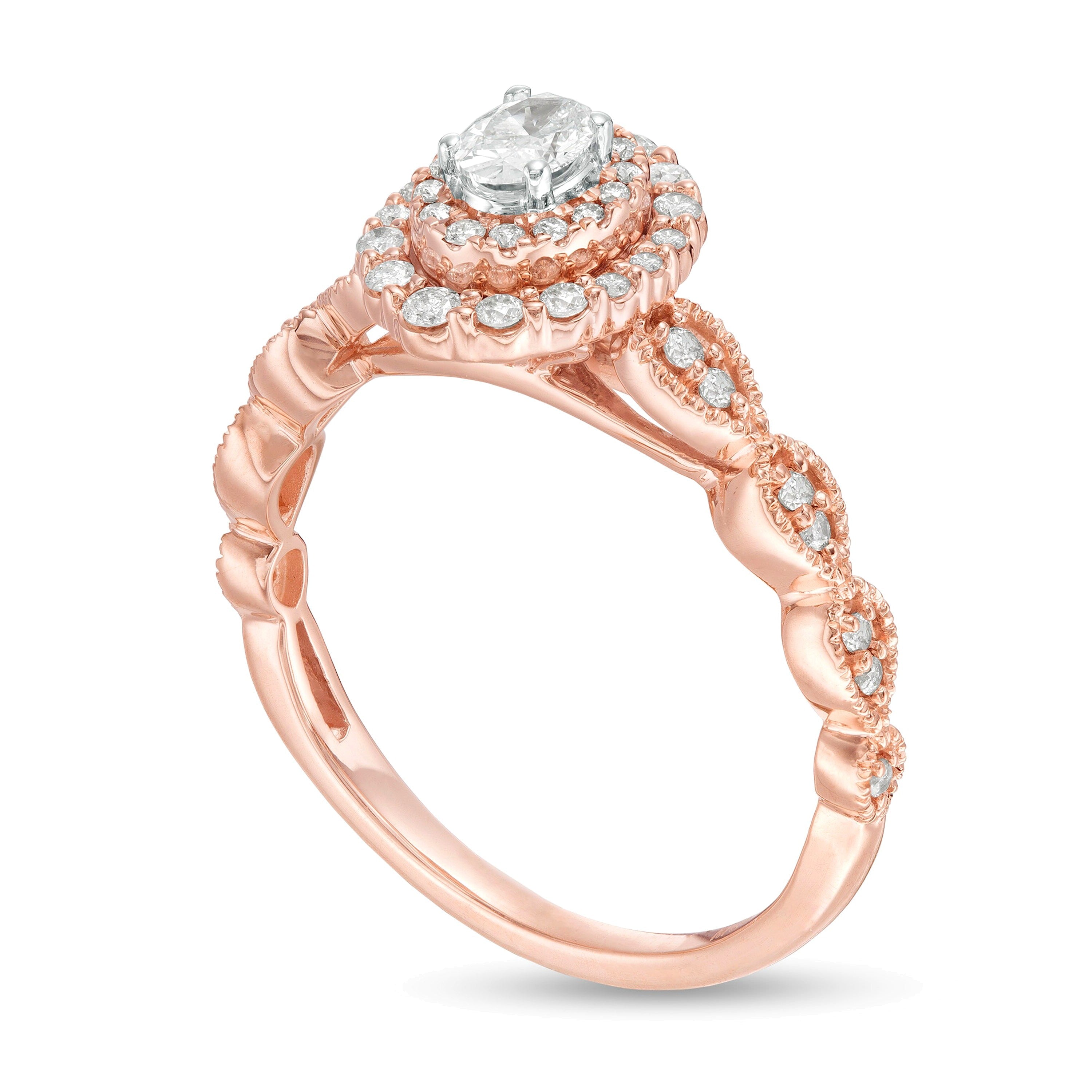 0,38 ct. Gesamtgewicht Verlobungsring mit ovalem Diamant im Art-déco-Vintage-Stil und doppeltem Rahmen in 10K Roségold