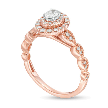 0,38 ct. Gesamtgewicht Verlobungsring mit ovalem Diamant im Art-déco-Vintage-Stil und doppeltem Rahmen in 10K Roségold