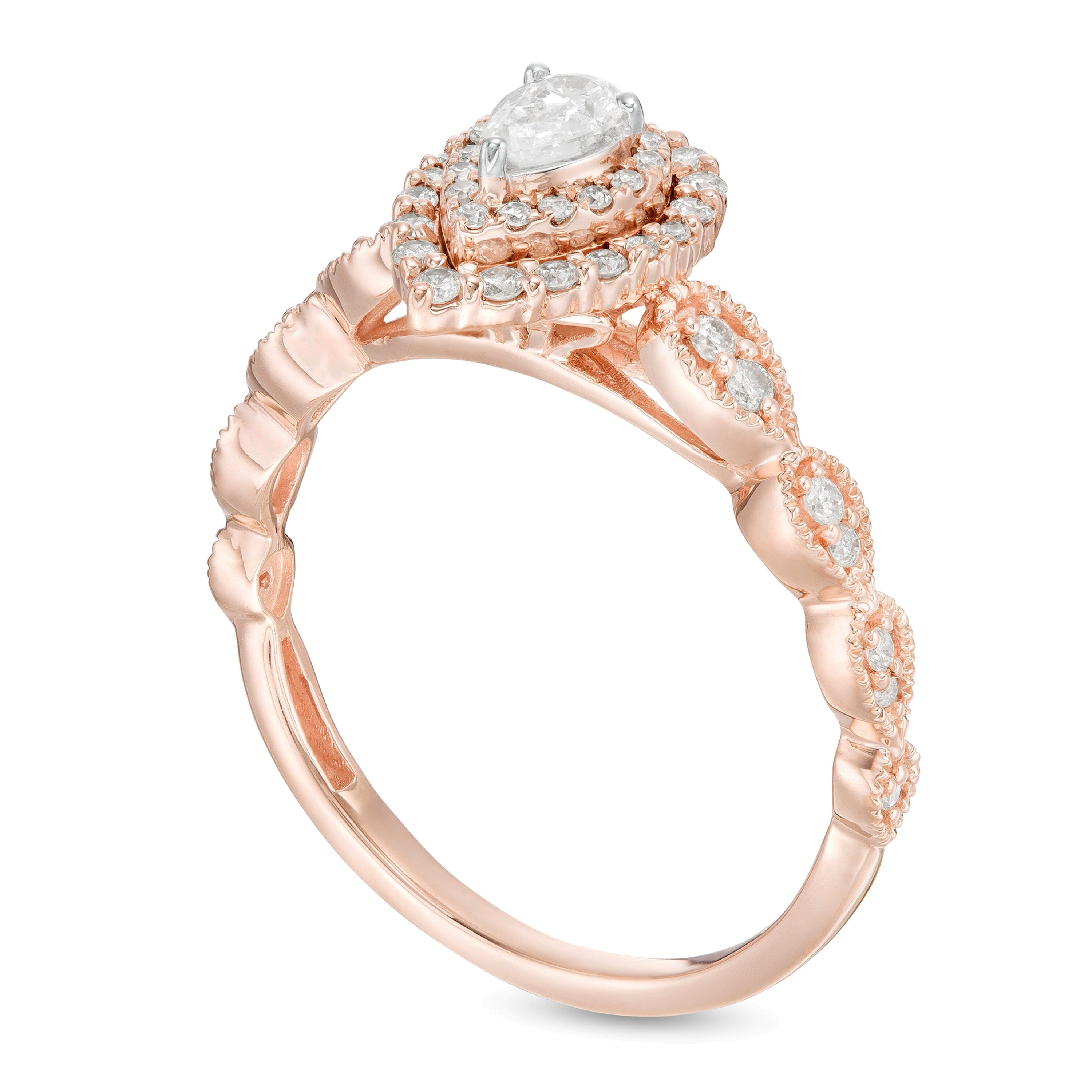 0,38 ct. Gesamtgewicht Verlobungsring mit weißen Diamanten im Tropfen- und Rundschliff und Halo in 10K Roségold