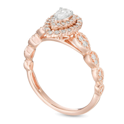 0,38 ct. Gesamtgewicht Verlobungsring mit weißen Diamanten im Tropfen- und Rundschliff und Halo in 10K Roségold