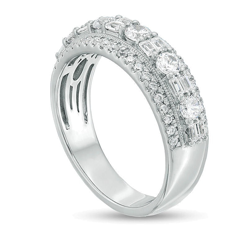 1.0 ct. Gesamtgewicht Memoire-Ring mit Baguette- und runden Diamanten im Vintage-Stil in 14K Weißgold