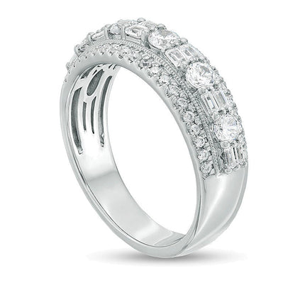 1.0 ct. Gesamtgewicht Memoire-Ring mit Baguette- und runden Diamanten im Vintage-Stil in 14K Weißgold
