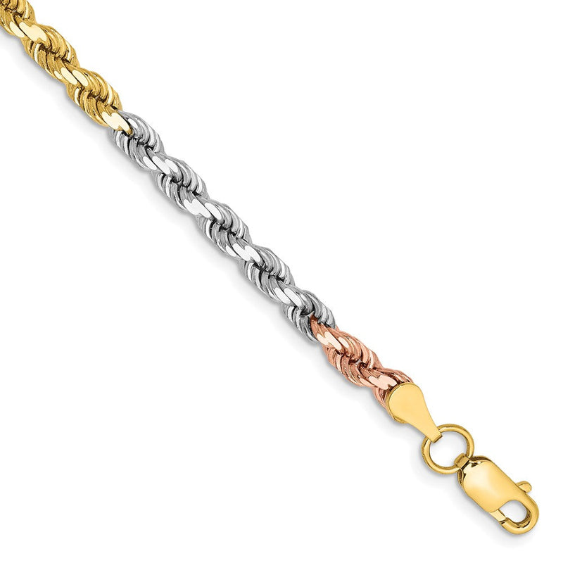 14K Tricolor Tri-colored 4mm Diamantiert Kordel mit Karabinerverschluss Gliederarmband