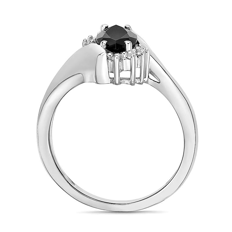 Bypass-Ring für Damen mit schwarzem Onyx im Marquise-Schliff und Diamant-Besatz in 10K Weißgold