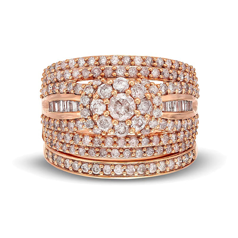 Braut-Set mit Diamanten 1.75 ct. Gesamtgewicht, rund und Baguette, mehrreihig, in 10K Roségold