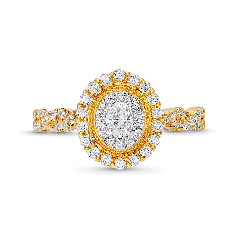0.63 ct. Gesamtgewicht Verlobungsring mit ovalen Diamanten im Vintage-Stil, Halo-Fassung und gedrehter Ringschiene in 10K Gelbgold