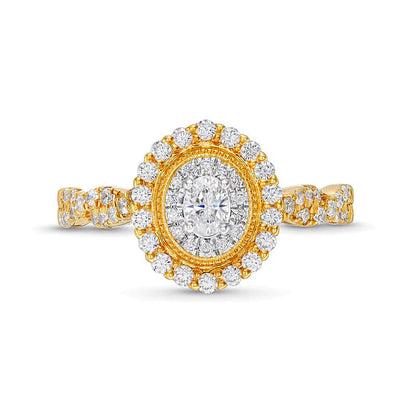0.63 ct. Gesamtgewicht Verlobungsring mit ovalen Diamanten im Vintage-Stil, Halo-Fassung und gedrehter Ringschiene in 10K Gelbgold