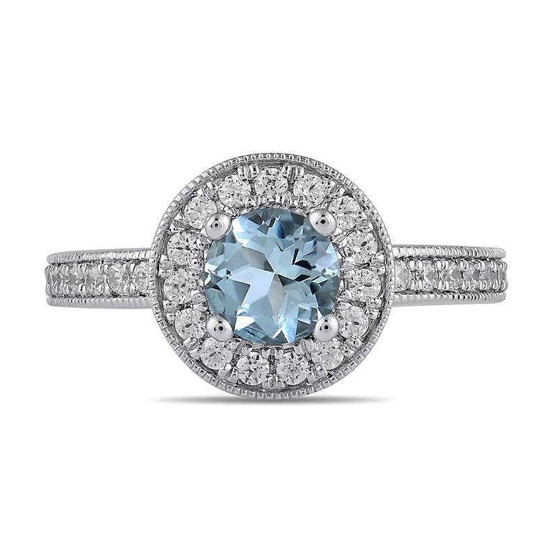 6.0mm Aquamarin und Labordiamant im Vintage-Stil mit Halo, 0,38 ct. Gesamtgewicht, in 14K Weißgold