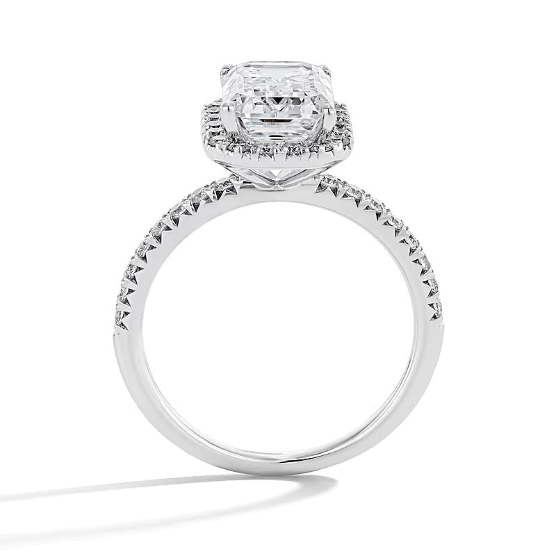 Verlobungsring mit Labordiamanten im Smaragdschliff, Halo, 3.5 ct. Gesamtgewicht, 14K Weißgold (F/VS2)