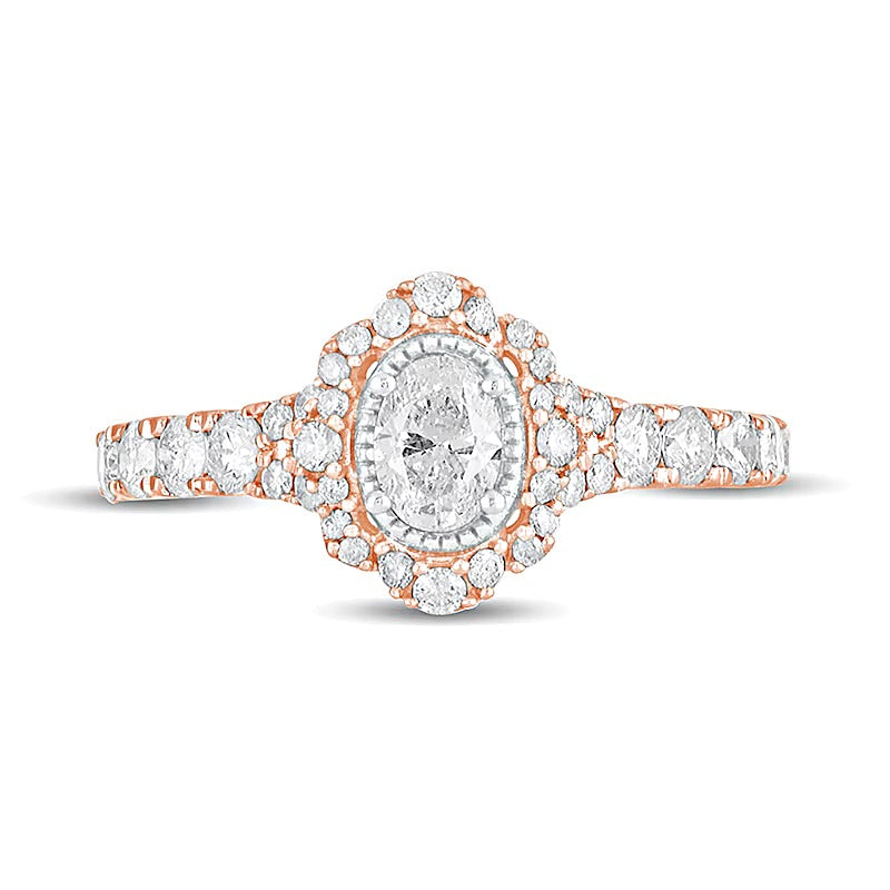 1.0 CT. TW Verlobungsring im Vintage-Stil mit ovalem Diamant und Halo in 14K Roségold