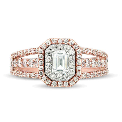 1.0 CT. Gesamtgewicht Verlobungsring mit Diamant im Smaragdschliff, Halo, mehrreihig, in 14K Gold zweifarbig (I/SI2)