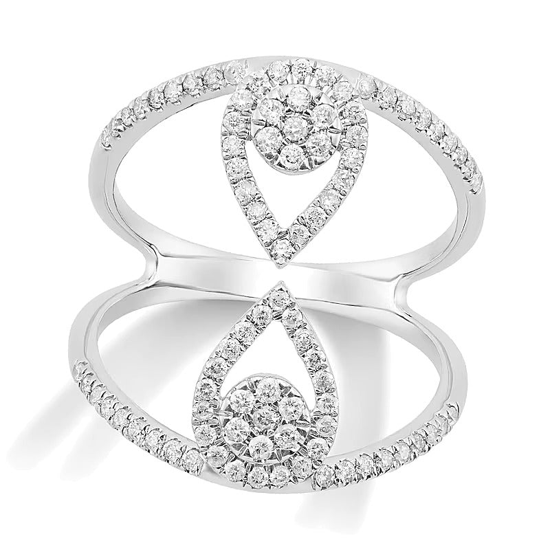 0.5 ct. Gesamtgewicht Fashion-Ring mit mehreren Diamanten und gespiegeltem Tropfen-Design, offene Ringschiene, aus 10K Weißgold