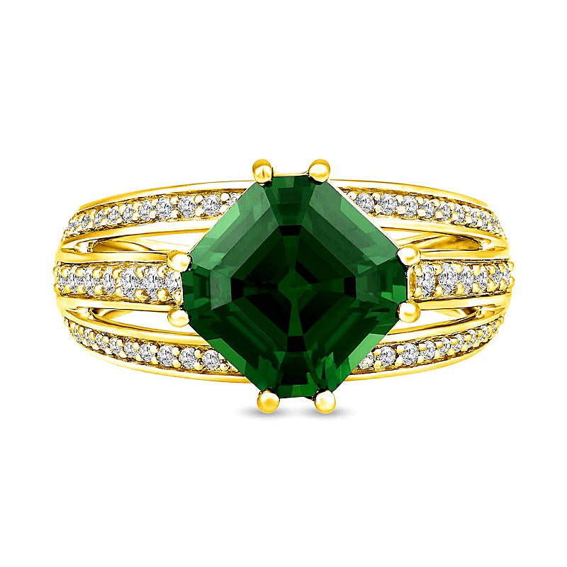 Fashion-Ring mit Labor-Smaragd im Octagon-Schliff und weißen Labor-Saphiren, mehrreihig, in 14K Weißgold