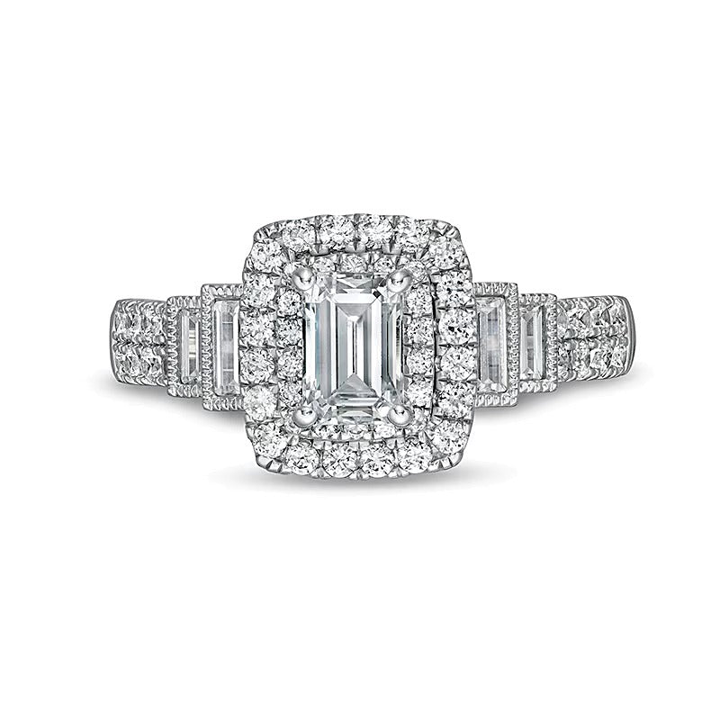 1.2 CT. Gesamtgewicht Diamant-Verlobungsring im Smaragdschliff mit Halo im Vintage-Stil und gestuftem Ringband in 14K Weißgold (I/I1)