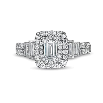 1.2 CT. Gesamtgewicht Diamant-Verlobungsring im Smaragdschliff mit Halo im Vintage-Stil und gestuftem Ringband in 14K Weißgold (I/I1)