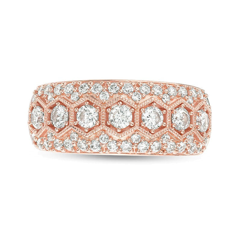 Memoire-Ring mit Diamanten 1.0 ct. Gesamtgewicht, sieben Steine im Sechseck-Rahmen im Vintage-Stil, 10K Roségold