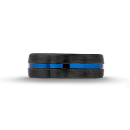 8.0mm Ring mit gespaltener, gebürsteter und abgeschrägter Kante aus zweifarbigem Wolfram in Blau und Schwarz