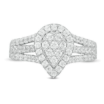 0.95 CT. Gesamtgewicht Halo-Ring mit Diamanten in Tropfen- und Rundschliff, mehrreihig, in 10K Weißgold