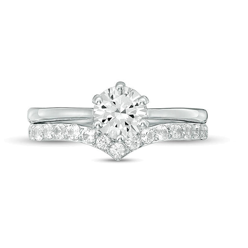 6,0 mm Braut-Set mit im Labor gezüchtetem weißem Saphir, rund, in rhodiniertem Sterlingsilber