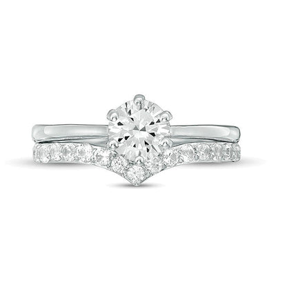 6,0 mm Braut-Set mit im Labor gezüchtetem weißem Saphir, rund, in rhodiniertem Sterlingsilber