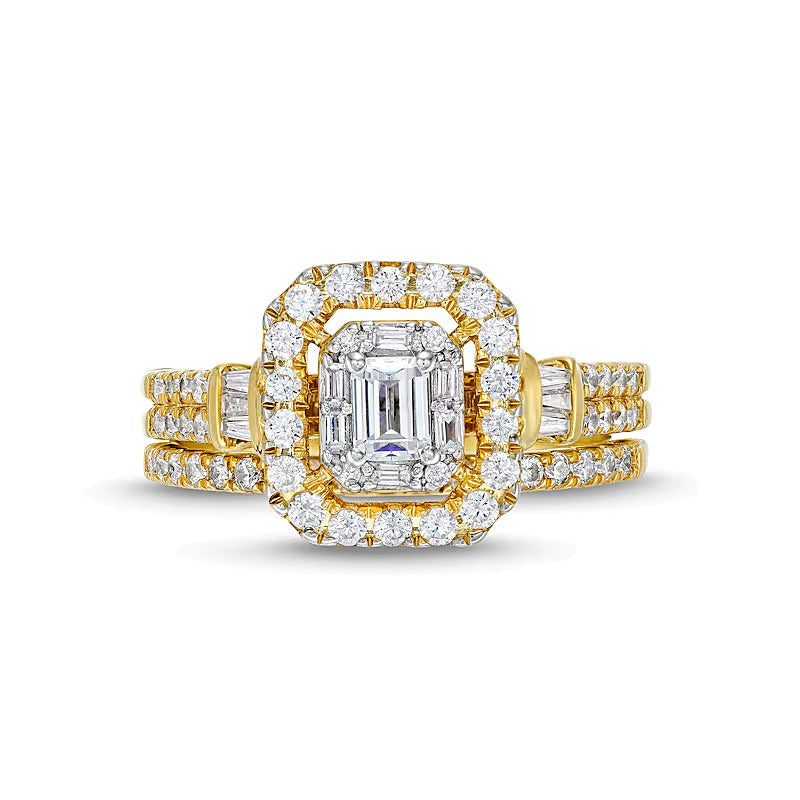 1.0 ct. Gesamtgewicht Diamant-Brautset im Smaragdschliff, zweireihig, in 10K Gelbgold