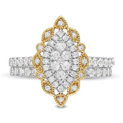 Braut-Set mit weißen Diamanten in Rund und Marquise, 1.0 ct. Gesamtgewicht, 10K Gelbgold