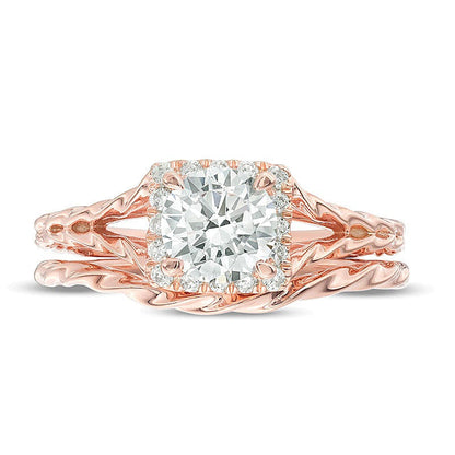 1,17 ct. Gesamtgewicht Diamant Brautset mit quadratischem Rahmen und Twist-Rope-Design in 14K Roségold
