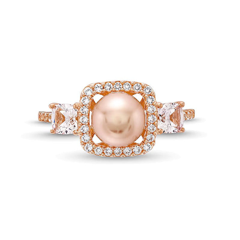 Dreistein-Ring mit 0,2 ct. Gesamtgewicht Diamant, weißem Labor-Saphir und Süßwasser-Zuchtperle in 10K Roségold